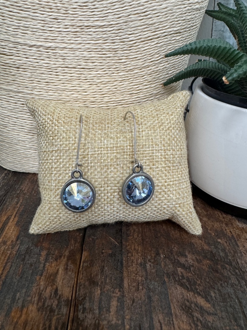 Pewter Silver Sparkling Faceted Blue Crystal Drop Earrings